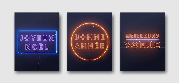 Design de luzes neon, francês joyeux noel, meilleurs voeux, bonne annee. fundo de natal, cartão retrô, banner de vetor de natal