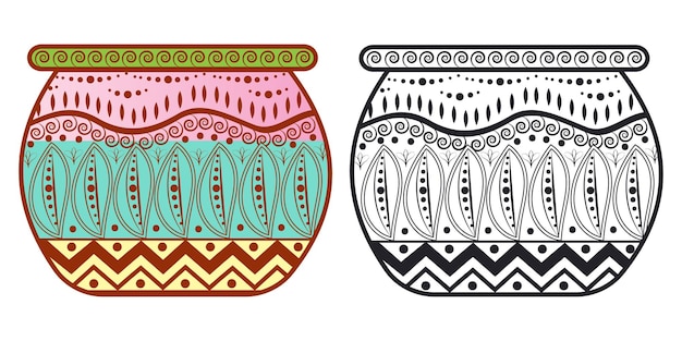 Design de mandala decorativa e design de arte de linha de artes zentangle com vaso de flores desenhado à mão