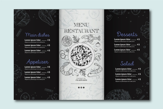 Design de menu de três dobras desenhado à mão