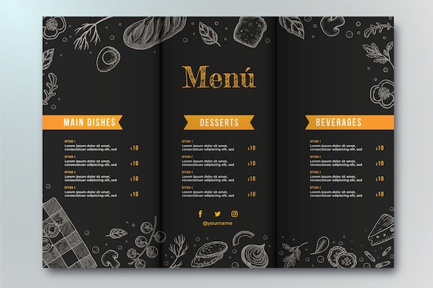 Design de menu de três dobras desenhado à mão