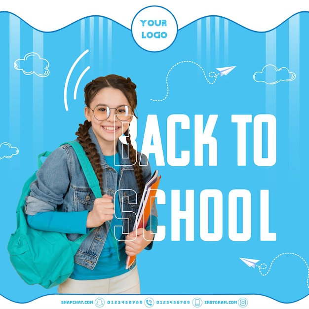 Design de Mídia Social Instagram Jovem garota feliz carregando saco escolar