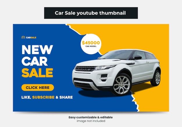 Vetor design de miniatura do youtube de promoção de vendas de carros e banner da web miniatura de vídeo do serviço de aluguel de carros