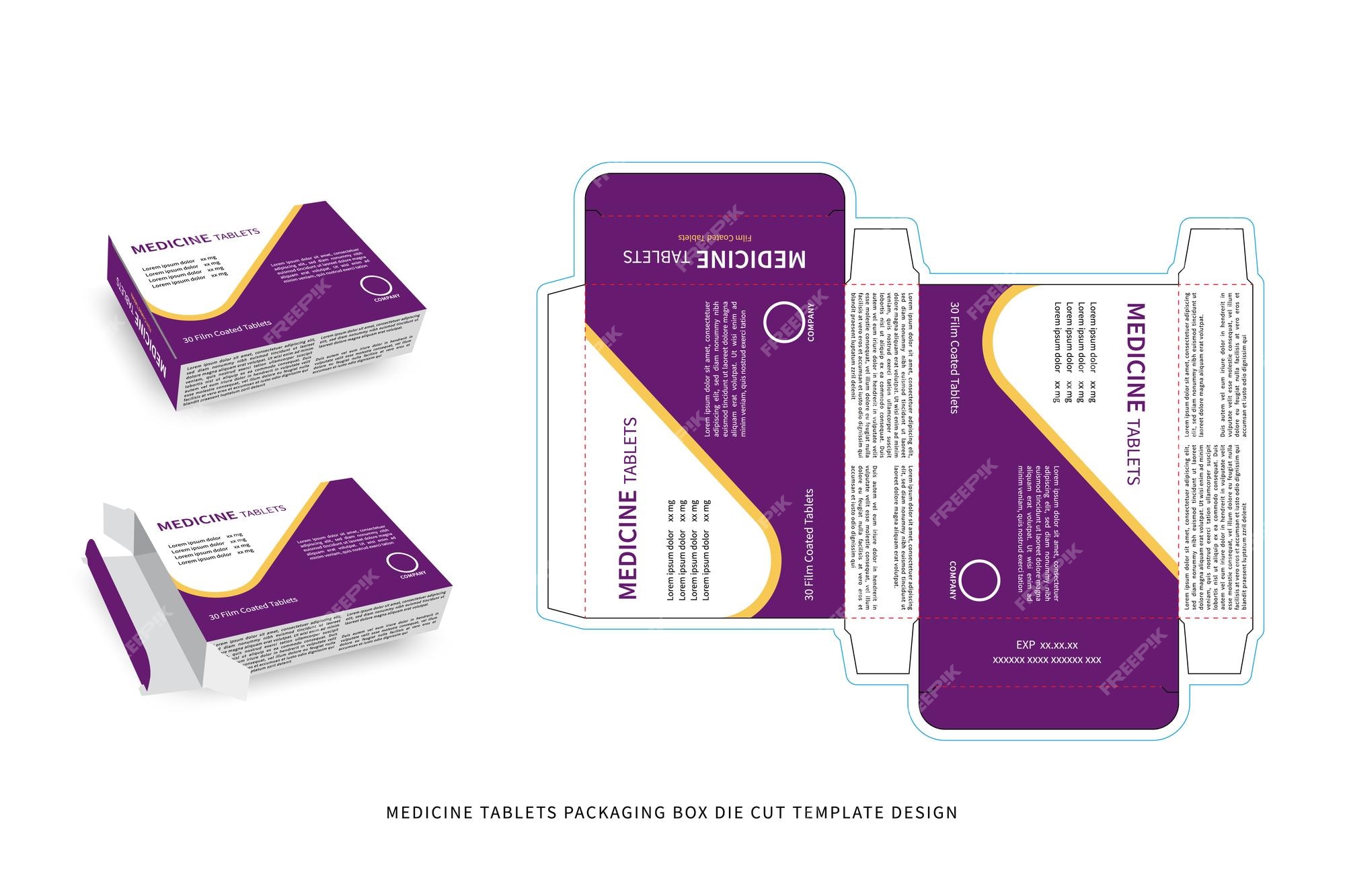 Design de modelo cortado para caixa de embalagem de comprimidos de