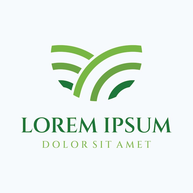 Design de modelo criativo de logotipo de paisagem verde com terras agrícolas ou plantações e colinasLogo para produtos naturais e agrícolas