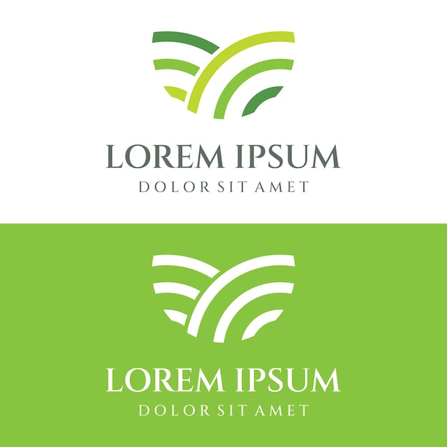 Design de modelo criativo de logotipo de paisagem verde com terras agrícolas ou plantações e colinasLogo para produtos naturais e agrícolas