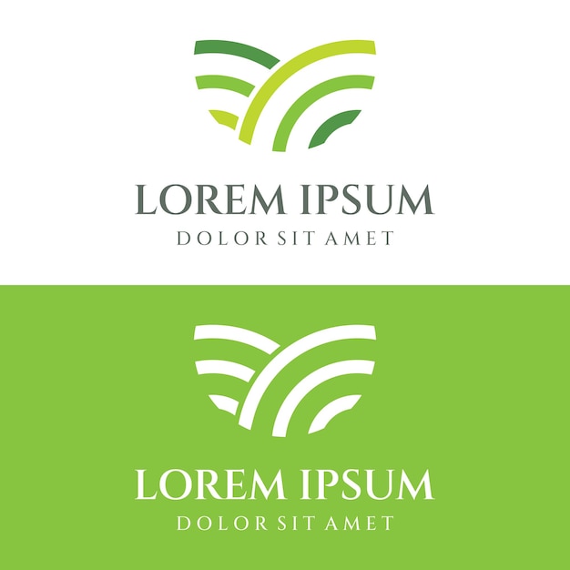 Vetor design de modelo criativo de logotipo de paisagem verde com terras agrícolas ou plantações e colinaslogo para produtos naturais e agrícolas