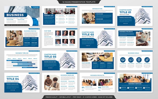 design de modelo de apresentação multifuncional com estilo simples e layout moderno para uso no relatório anual de negócios