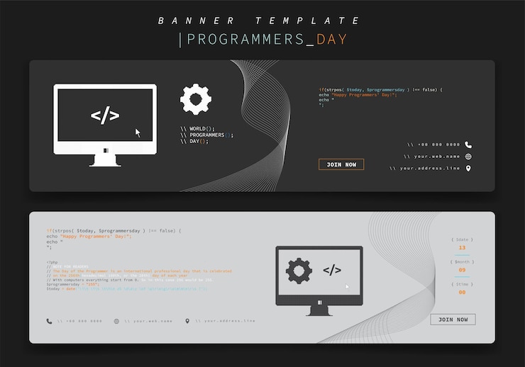 Vetor design de modelo de banner com monitor de computador e equipamento em fundo cinza para design do dia dos programadores