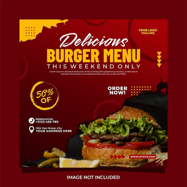 Design de modelo de banner de postagem de mídia social de promoção de menu de hambúrguer