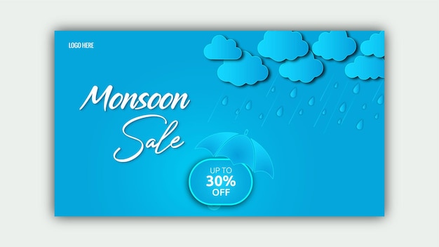 Design de modelo de banner de venda de monção com nuvens e guarda-chuva sobre fundo azul no céu nublado