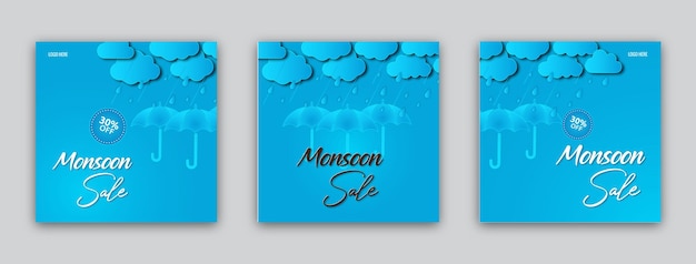 Design de modelo de banner de venda de monção com nuvens e guarda-chuva sobre fundo azul no céu nublado