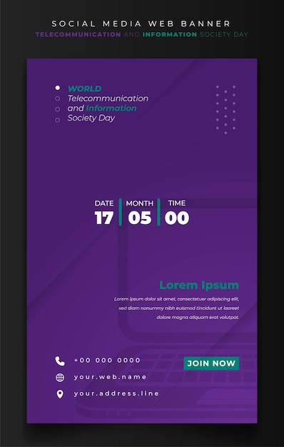 Design de modelo de banner para telecomunicações e sociedade da informação em design de fundo roxo
