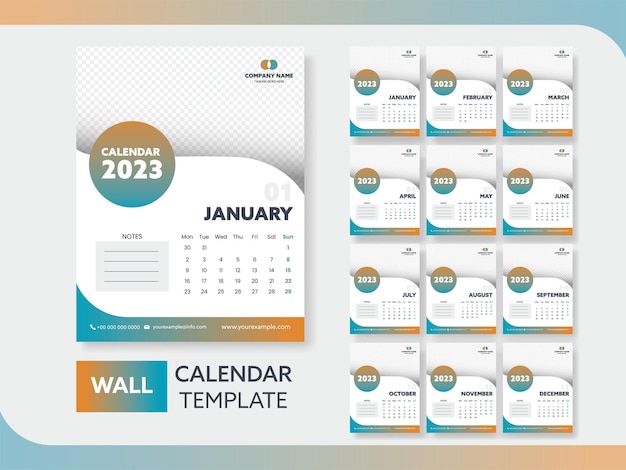 Design de modelo de calendário de parede de 12 meses 2023 com espaço de cópia em fundo cinza claro