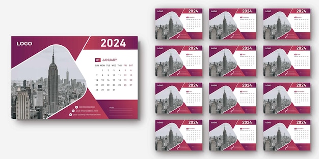 Vetor design de modelo de calendário de parede de uma página de 2024