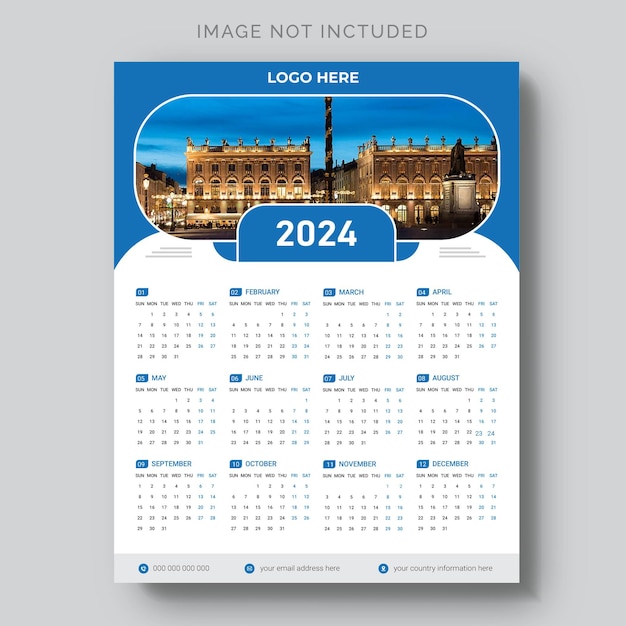 Vetor design de modelo de calendário de parede de uma página de 2024