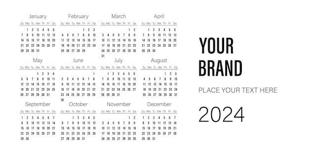 Design de modelo de calendário horizontal 2024 em fundo branco para seu projeto de marca