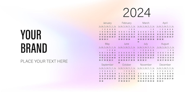 Design de modelo de calendário horizontal 2024 em fundo colorido claro para seu projeto de marca