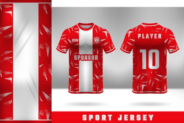 Design de modelo de camisa branca vermelha para uniforme esportivo