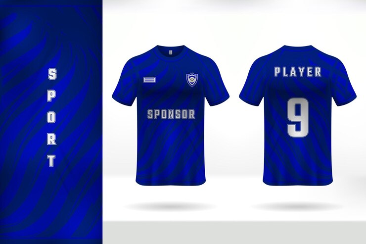 Design de modelo de camisa para uniforme esportivo com padrão de linhas onduladas de cor azul