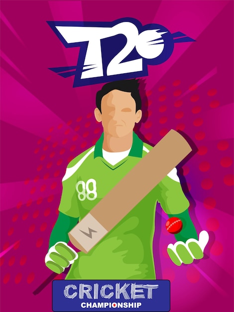Design de modelo de campeonato de críquete T20 com jogador de massa sem rosto em fundo de raios de bolinhas rosa.