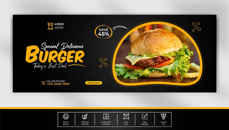 Vetor design de modelo de capa do facebook para hambúrguer delicioso