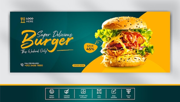 Design de modelo de capa do facebook para hambúrguer delicioso