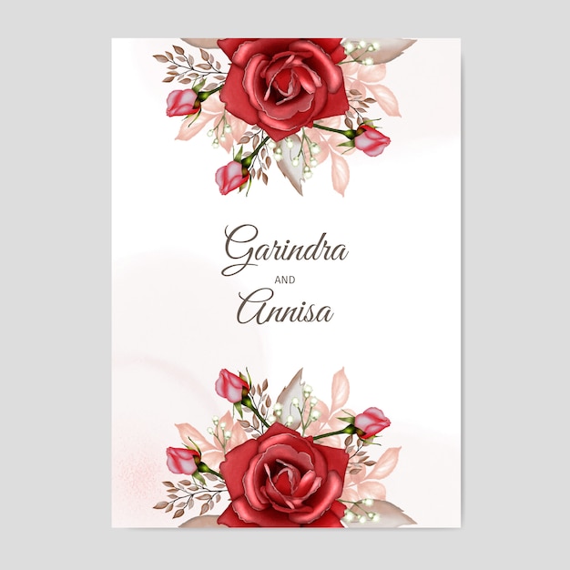 Design de modelo de cartão de convite de casamento elegante em aquarela com rosas e folhas