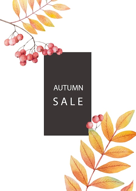 Design de modelo de cartão vetorial de venda de outono em aquarela de folhas e galhos