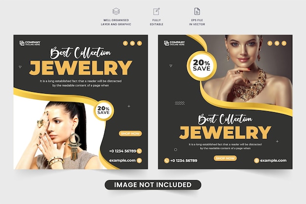Design de modelo de cartaz de venda de coleção de joias em fundos escuros Vetor de cartaz de anúncio de loja de acessórios de moda para marketing de mídia social Design de banner web com desconto especial de venda de ornamento