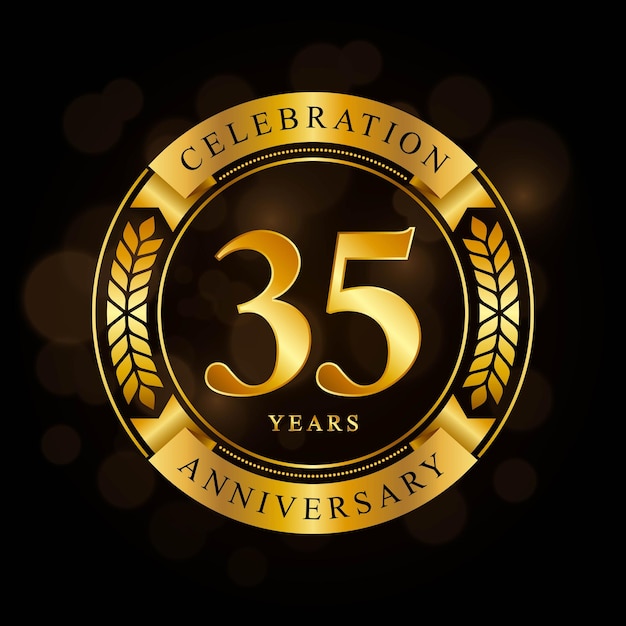 Design de modelo de celebração de aniversário de 35 anos com anel brilhante e coroa de louros de fita de ouro isolada no vetor de logotipo de fundo preto