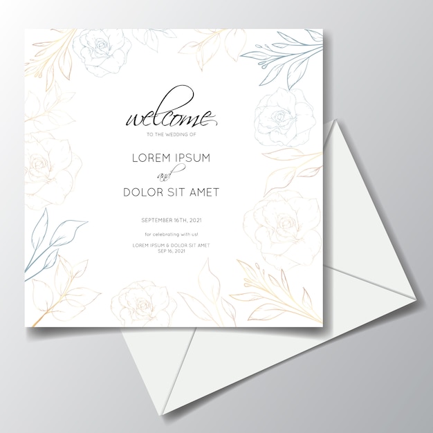 design de modelo de convite de casamento com arte de linha de luxo floral e folhas