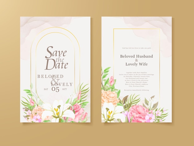 Design de modelo de convite de casamento floral elegante com flores rosas