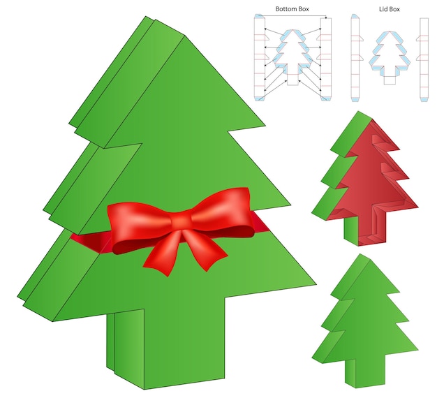 Vetor design de modelo de corte de embalagem de caixa de árvore de natal. maquete 3d