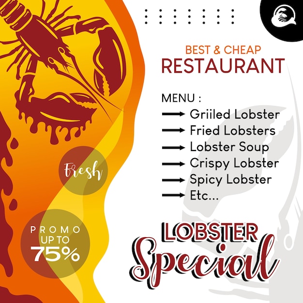 Vetor design de modelo de folheto de postagem de mídia para mídia de promoção de menu de restaurante de lagosta de comida especial perdida