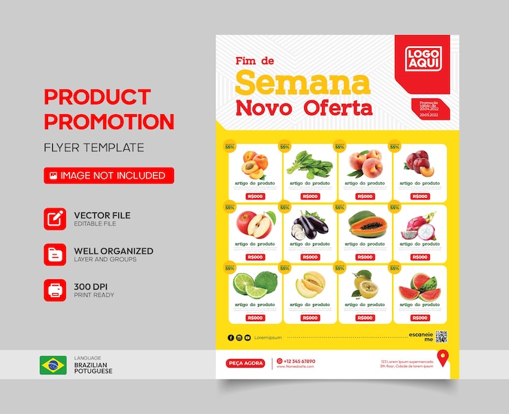 Vetor design de modelo de folheto de promoção de loja de frutas em português brasileiro