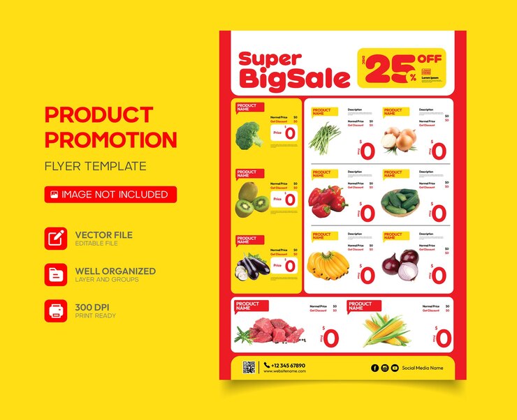 Vetor design de modelo de folheto de promoção de produto com desconto editável