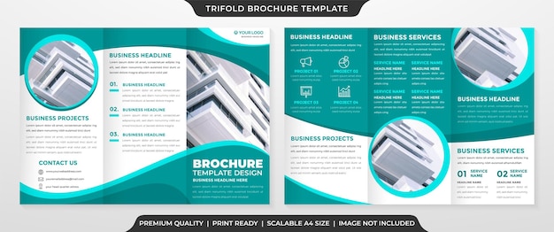 Design de modelo de folheto de três dobras de negócios com layout minimalista e conceito moderno