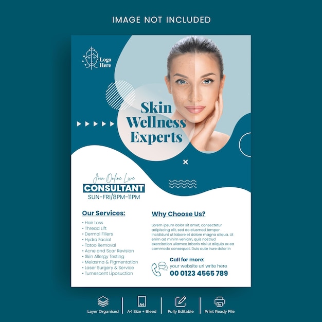 Design de modelo de folheto ou cartaz de consulta de cuidados cutâneos em dermatologia