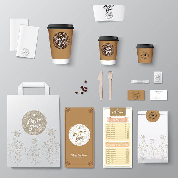 Design de modelo de identidade corporativa de café com logotipo de caligrafia. Retire o modelo,