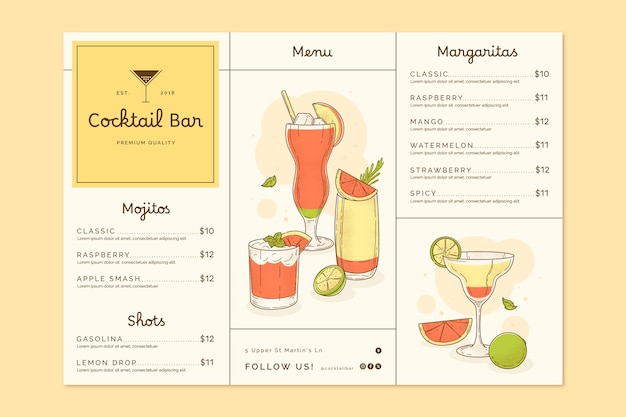 Design de modelo de menu de barra desenhado à mão