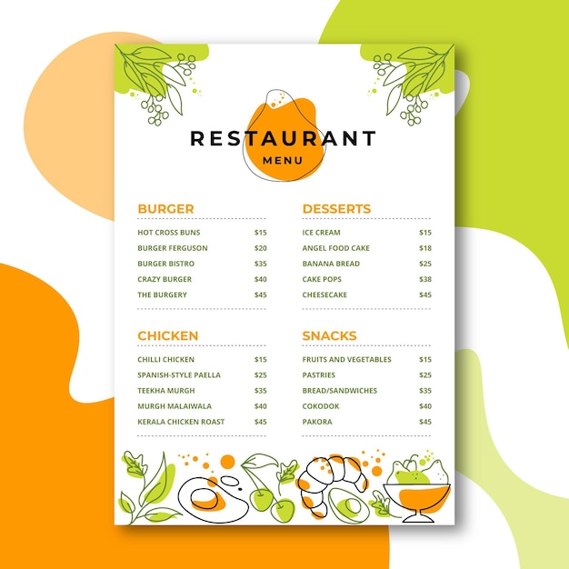 Vetor design de modelo de menu de restaurante criativo
