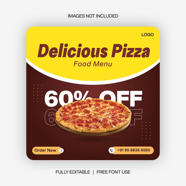 Design de modelo de postagem de banner de mídia social de pizza de cor marrom e amarela