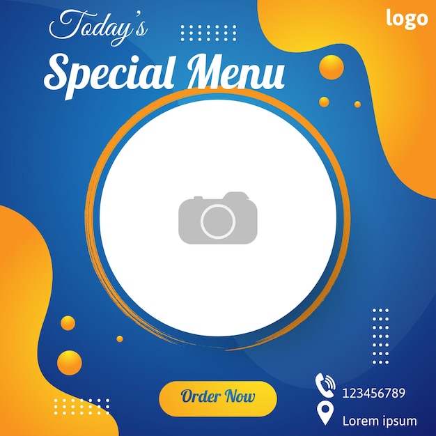 Design de modelo de postagem de mídia social de menu especial de comida em ilustração vetorial de cor azul e laranja