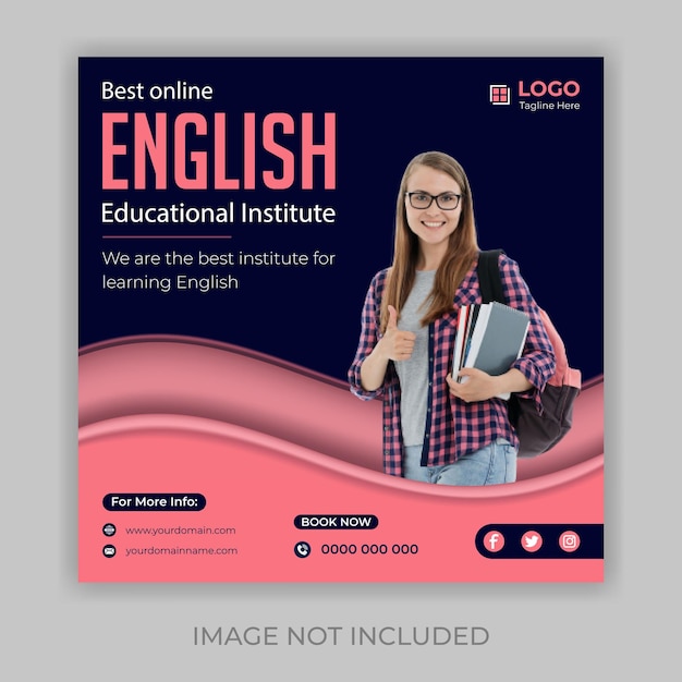 Design de modelo de postagem de mídia social em inglês falado para propaganda em qualquer instituto de aprendizado de inglês