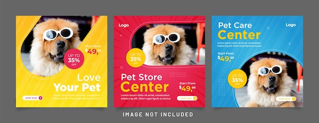 Vetor design de modelo de postagem de mídia social para pet shop com colagem de fotos