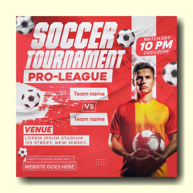 Design de modelo de postagem de mídia social promocional de torneio de futebol