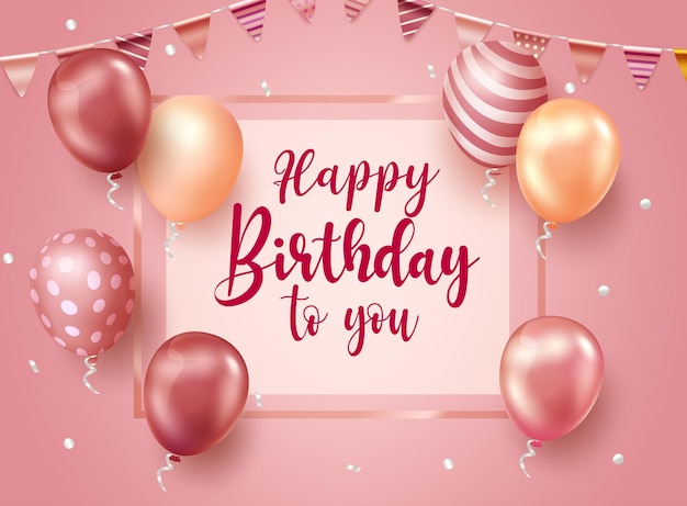 Design de modelo de vetor de saudação de aniversário Texto de feliz aniversário em moldura de ouro rosa com galhardetes rosa