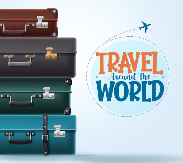 Design de modelo de vetor de texto do mundo de viagens. elementos de bagagem, mala e maleta de viajantes.