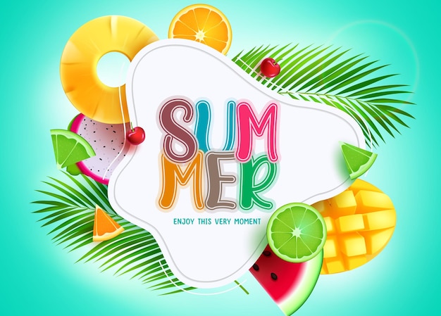 Vetor design de modelo de vetor de verão. texto de verão com elementos de frutas fatiadas da estação tropical em espaço vazio