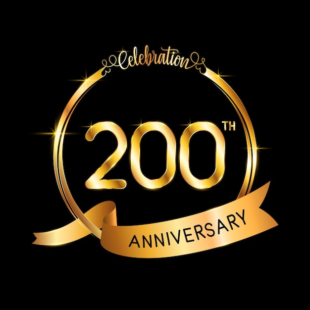 Design de modelo do 200º aniversário com fita de cor dourada e anel Logo Vector Illustration